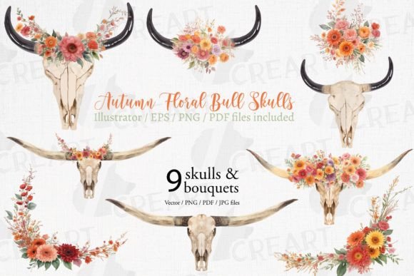 Watercolor Bull Skull and Fall Flowers: A Creative Resource for Autumn Design